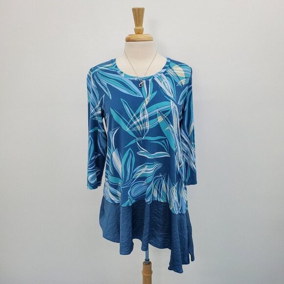 LOGO By Lori Goldstein Womens Satin Hem Tunic Top Size M Blue Printed Asymmetric - Picture 1 of 16